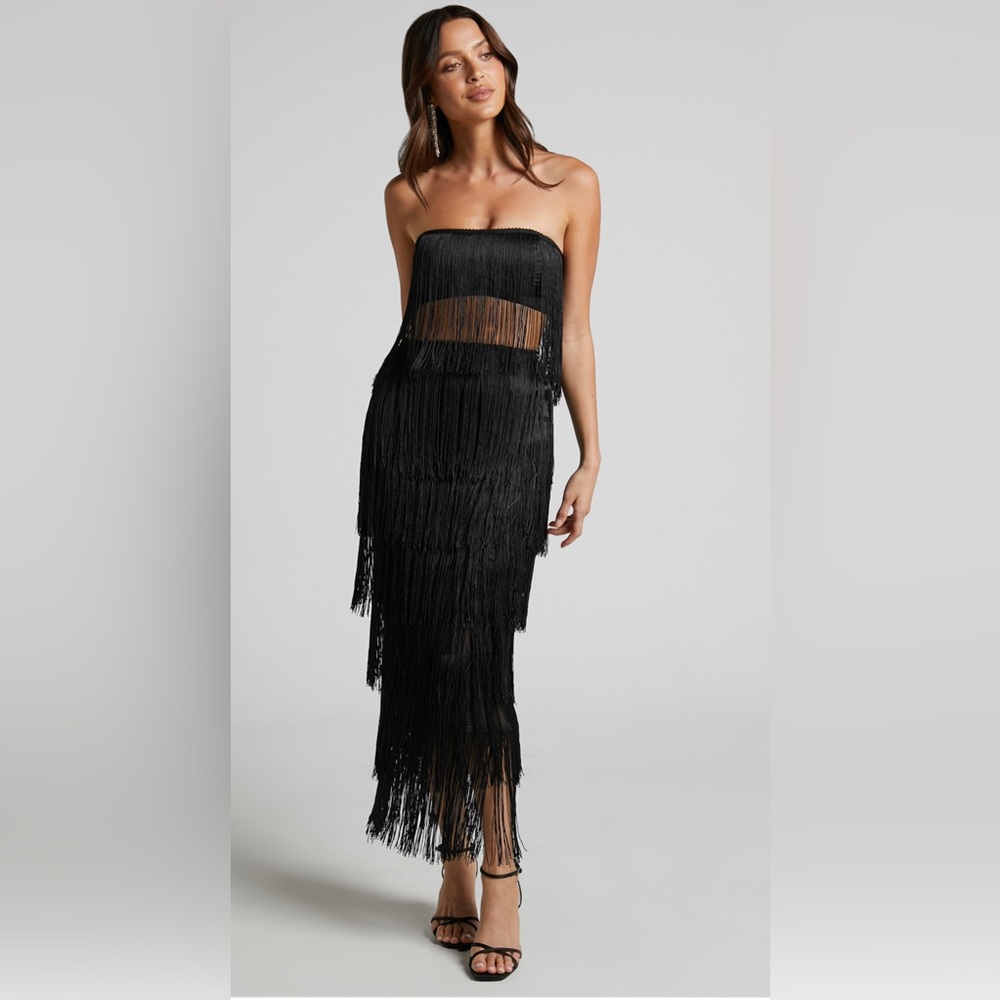 Showpo two piece fringe strapless crop top and midi skirt size 16